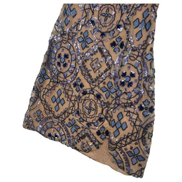 Free People Dress Womens 2 Blue Tan Sequin Mini Boho Festival Party Mesh HOCO - Picture 6 of 12